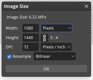 Photopea Image Size shows a linked 3:4 resize to 1080 by 1440 pixels.