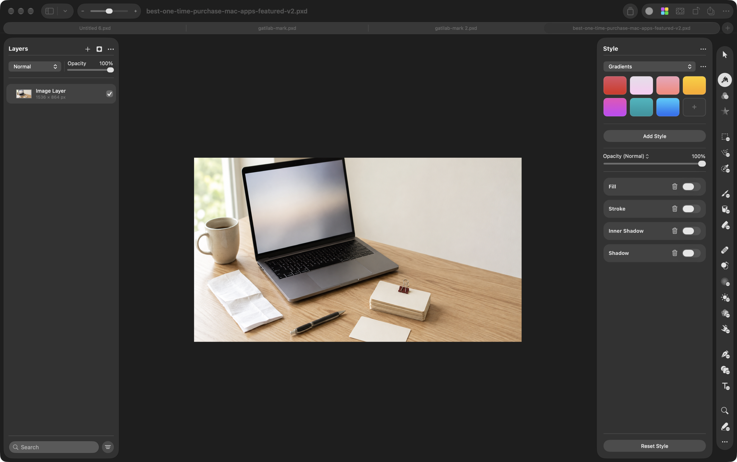 Pixelmator Pro with this article's featured image open, the Layers panel on the left and the Style panel on the right