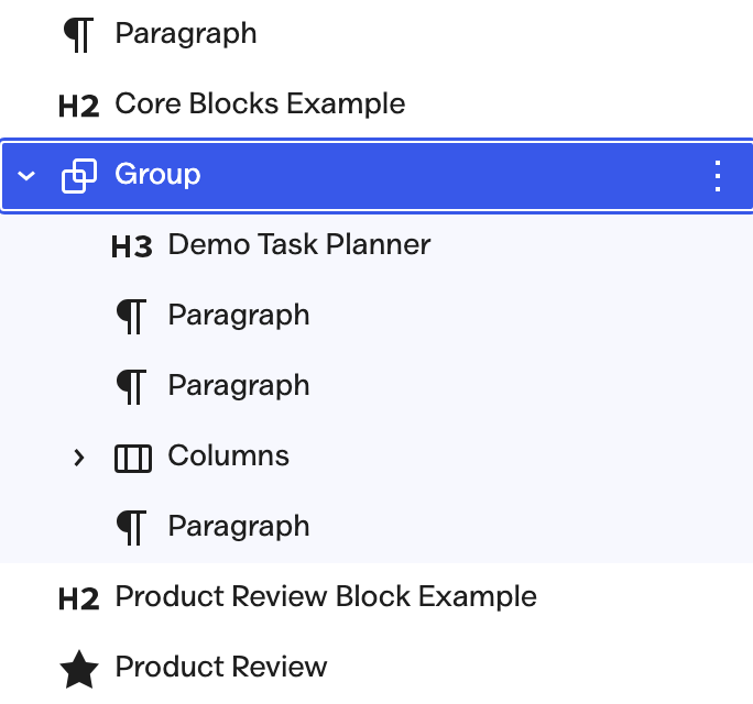 WordPress List View with the review Group expanded to show its heading, paragraphs and Columns block