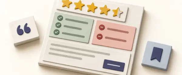 Product review components with stars, a pros list, a cons list and a summary arranged into a review box