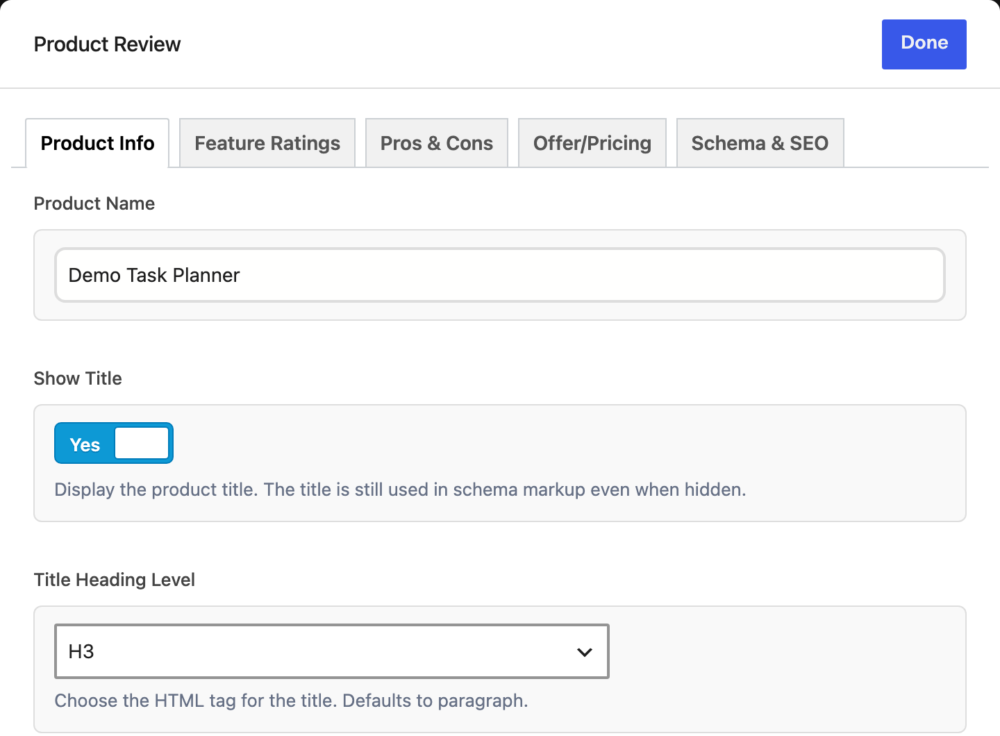 Product Info tab with Demo Task Planner as the product name and H3 selected as its title heading level