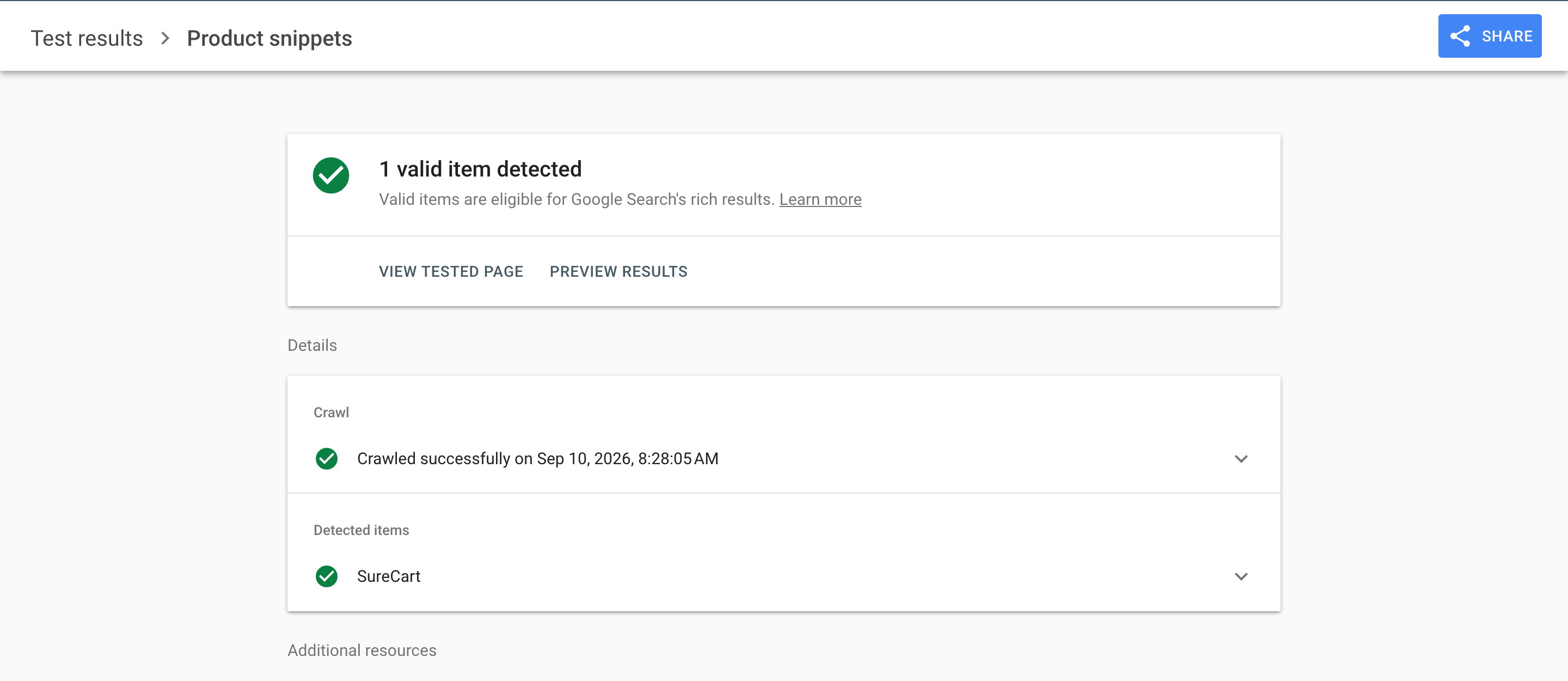 Google Rich Results Test showing one valid Product snippet for the existing SureCart review