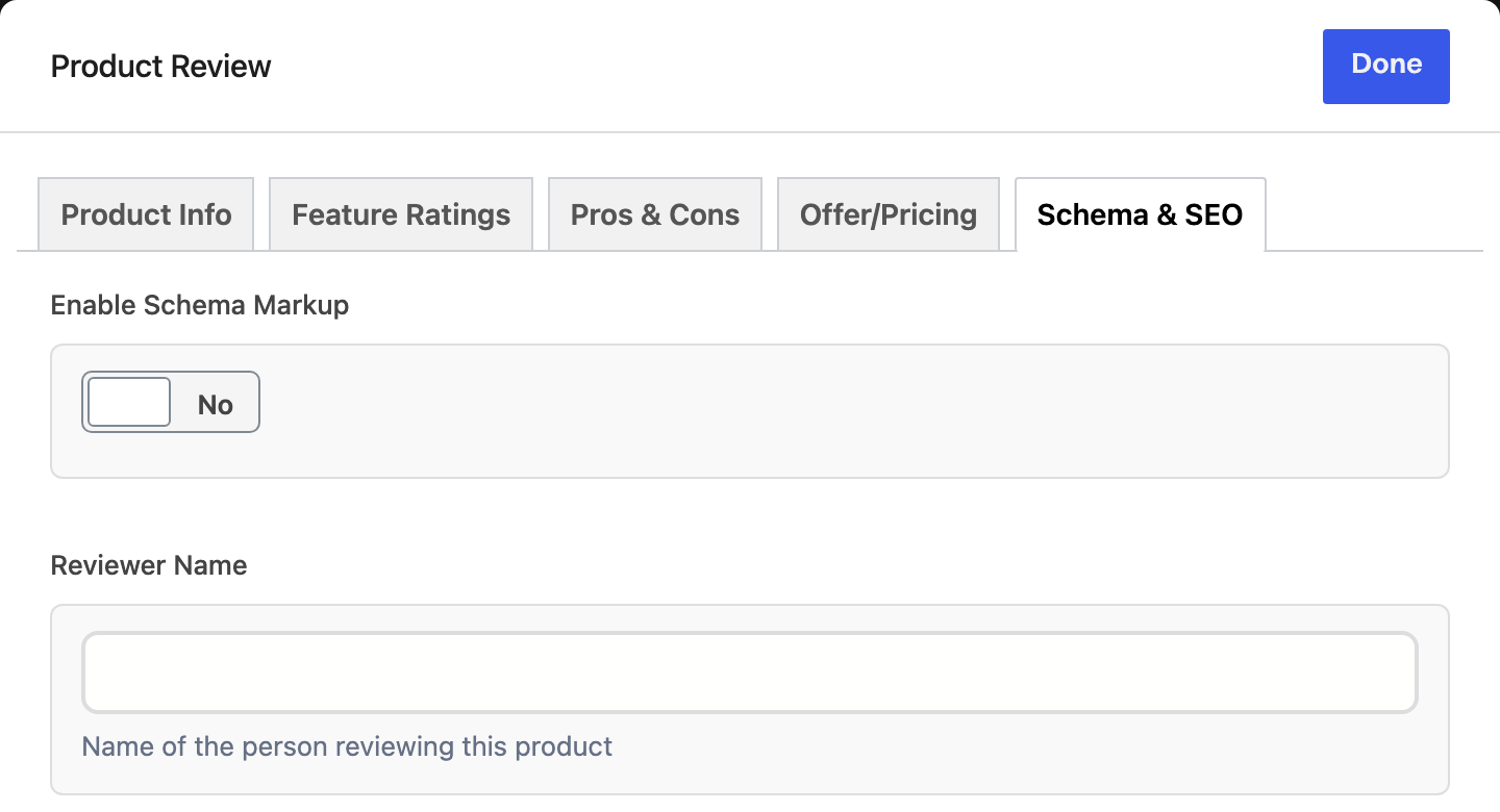 Schema and SEO tab with Enable Schema Markup set to No for the tutorial example
