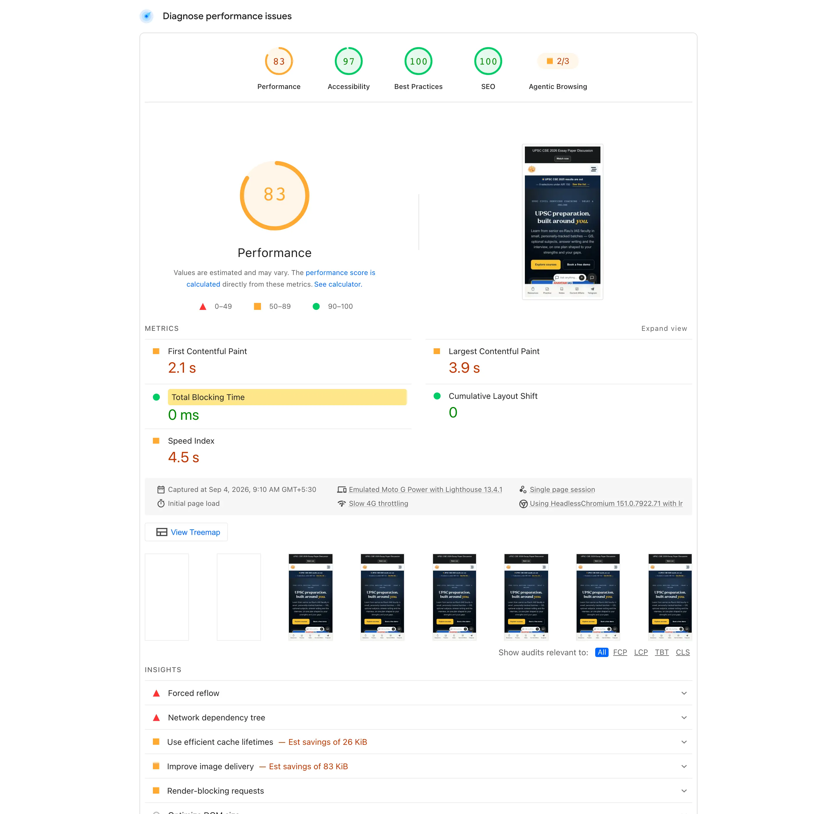 PageSpeed Insights mobile lab report for anantamias.com with Total Blocking Time highlighted at 0 ms and a performance score of 82