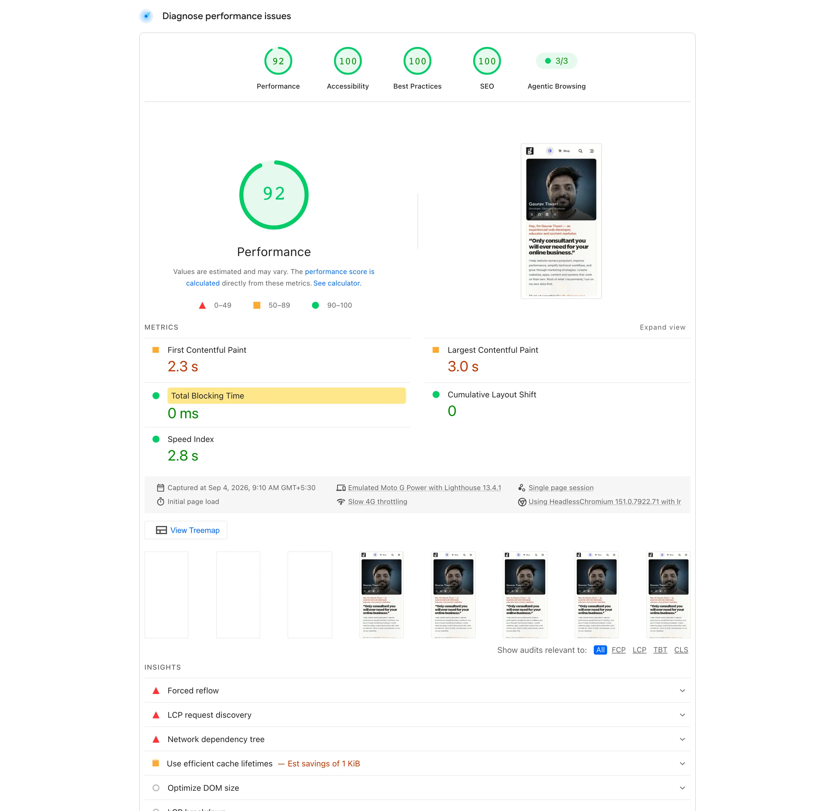 PageSpeed Insights mobile lab report for gauravtiwari.org with Total Blocking Time highlighted at 0 ms beside a 92 performance score, First Contentful Paint, Largest Contentful Paint, Cumulative Layout Shift and Speed Index