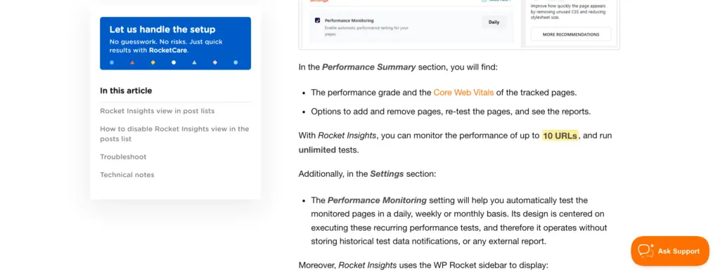 WP Rocket documentation stating that Rocket Insights monitors up to 10 URLs with unlimited tests