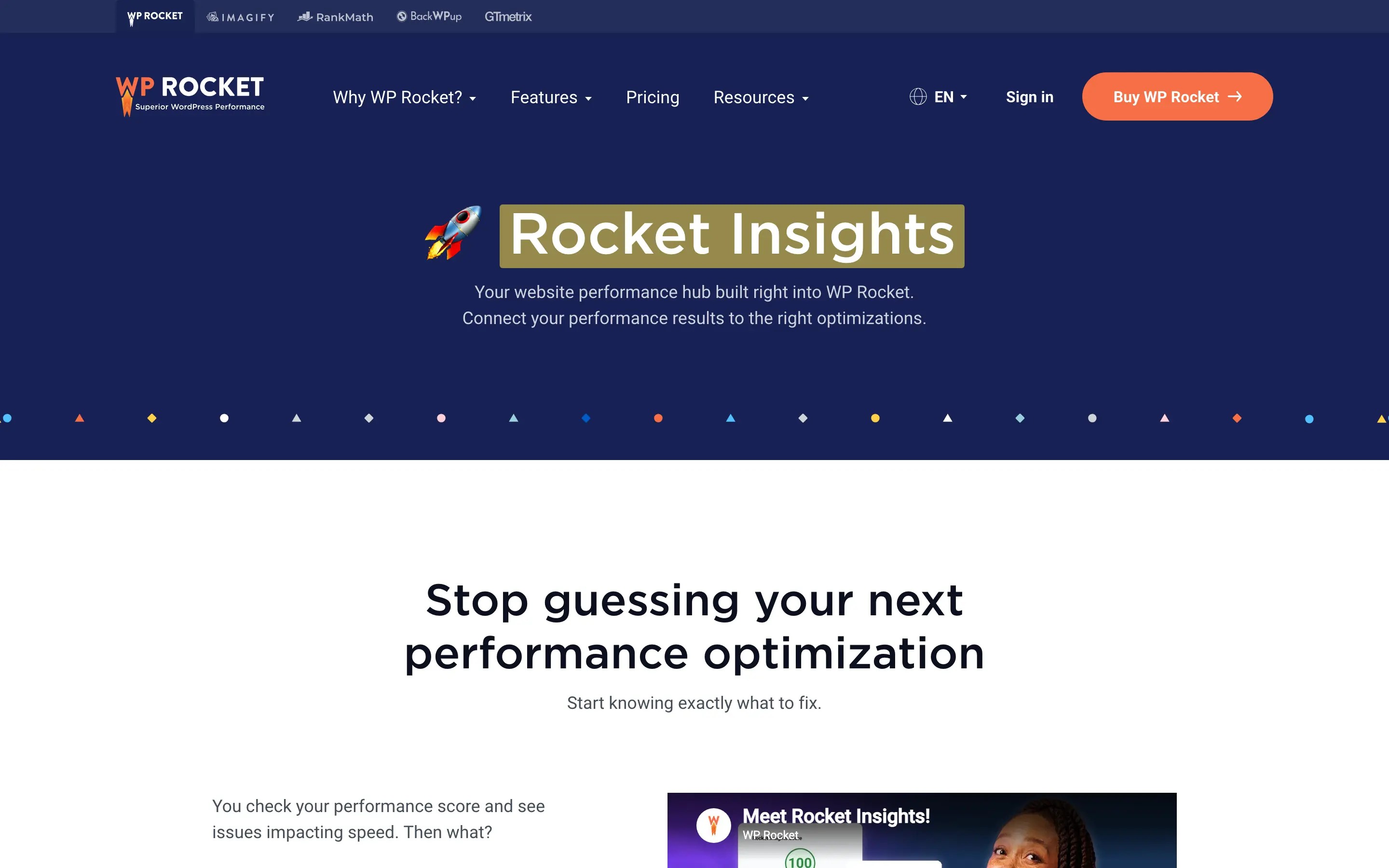 WP Rocket Rocket Insights page describing the performance hub built into WP Rocket