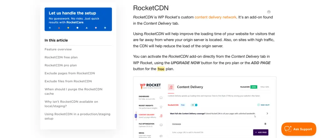 WP Rocket documentation on the free RocketCDN plan included with every license