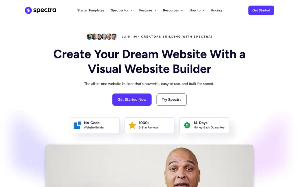 Spectra homepage presenting an all-in-one visual website builder with Get Started Now and Try Spectra buttons