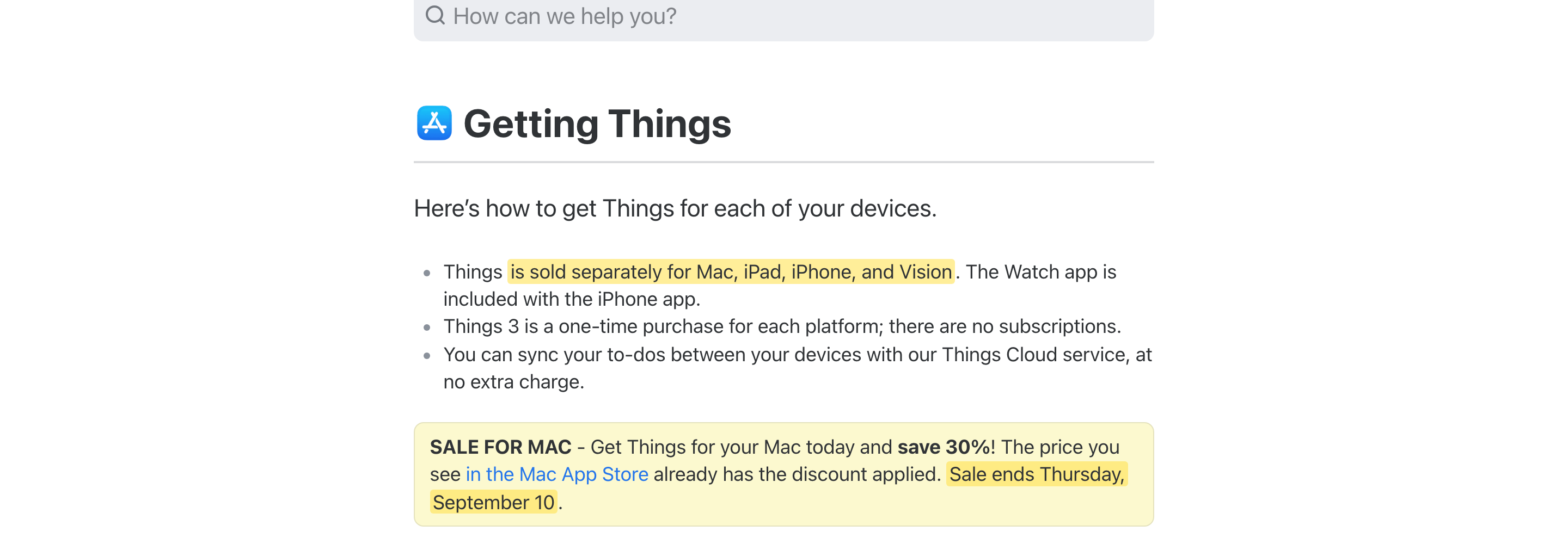 Cultured Code support page stating Things is sold separately for Mac, iPad, iPhone and Vision, with the Mac sale ending Thursday, September 10 highlighted