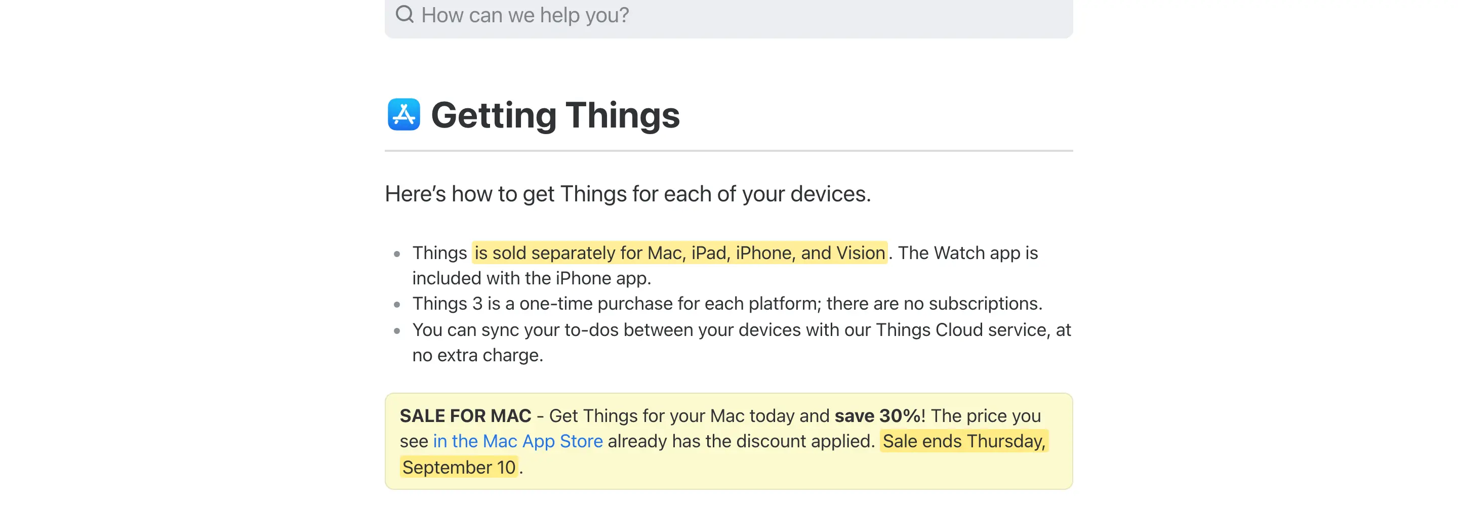 Cultured Code support page stating Things is sold separately for Mac, iPad, iPhone and Vision, with the Mac sale ending Thursday, September 10 highlighted