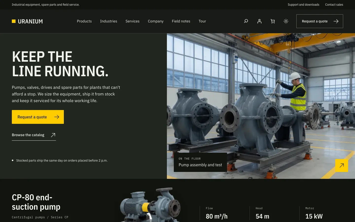 The same Uranium homepage in dark mode, with a near-black hero panel and yellow buttons