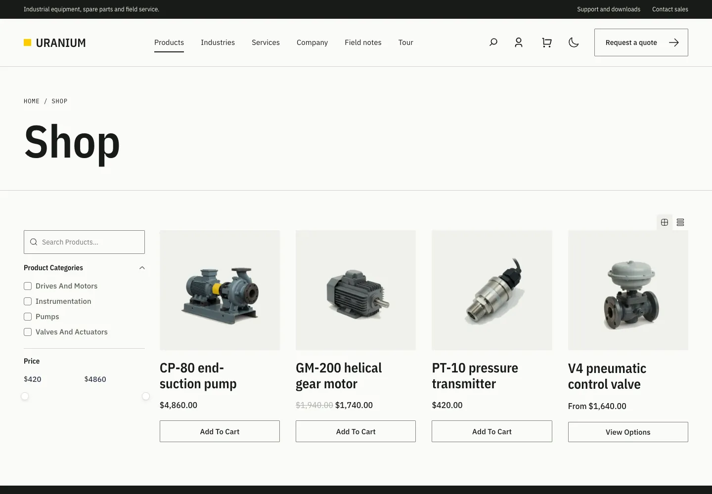 The FluentCart shop in Uranium, with category and price filters beside four product cards