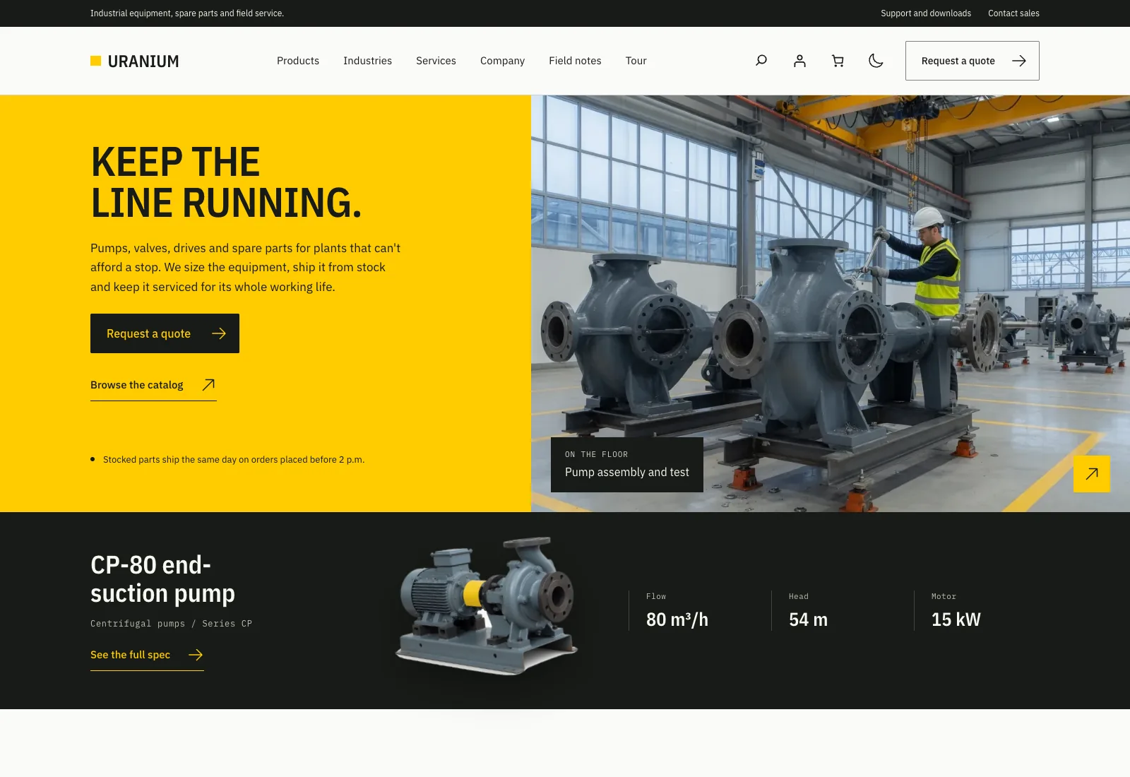 Uranium's homepage, with a safety yellow hero panel beside a photo of a pump on a factory floor