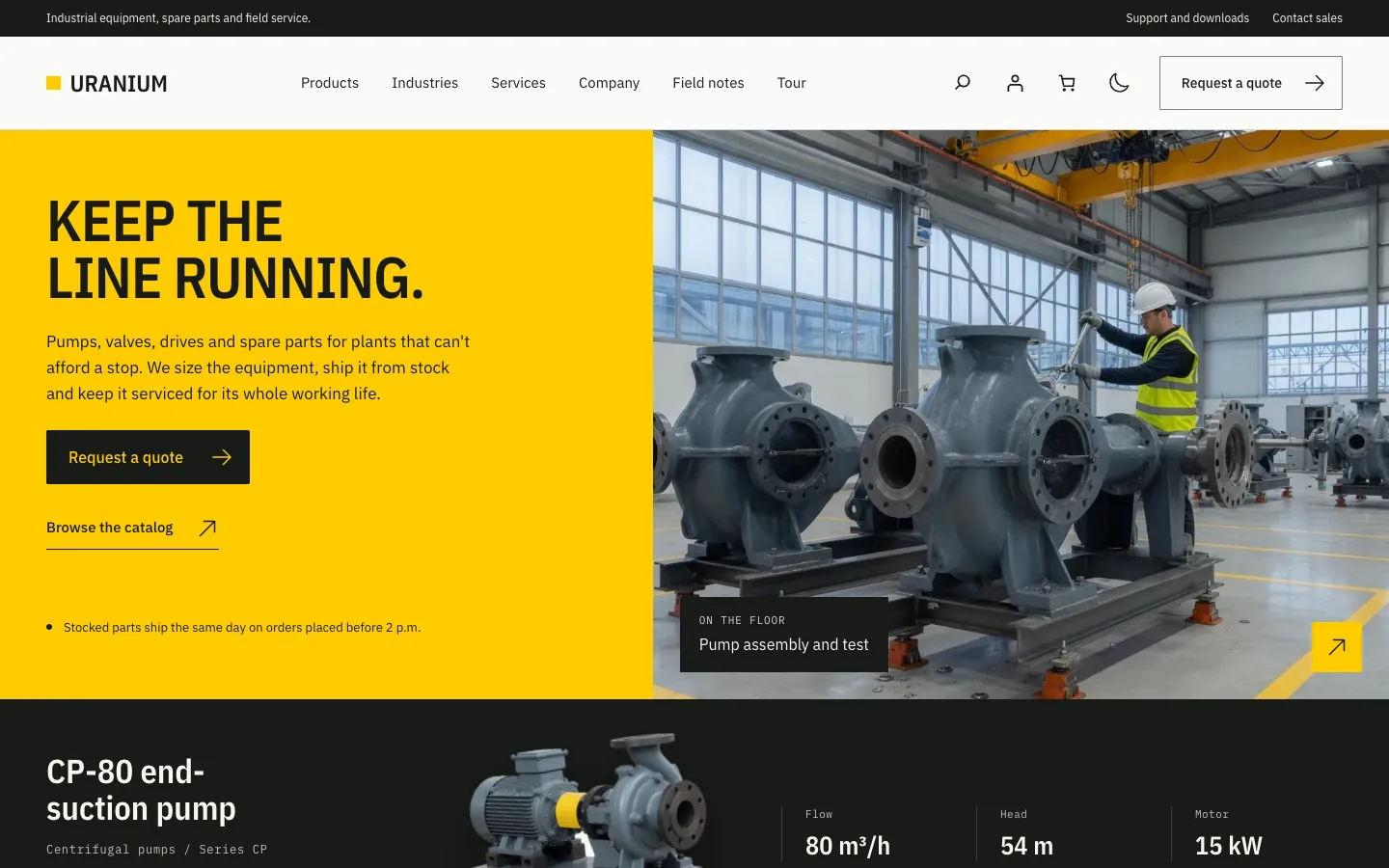 Uranium's homepage: a menu with a quote button, a safety yellow panel with the headline Keep the line running beside a photo of a pump on a factory floor, and a dark spec strip for a pump below