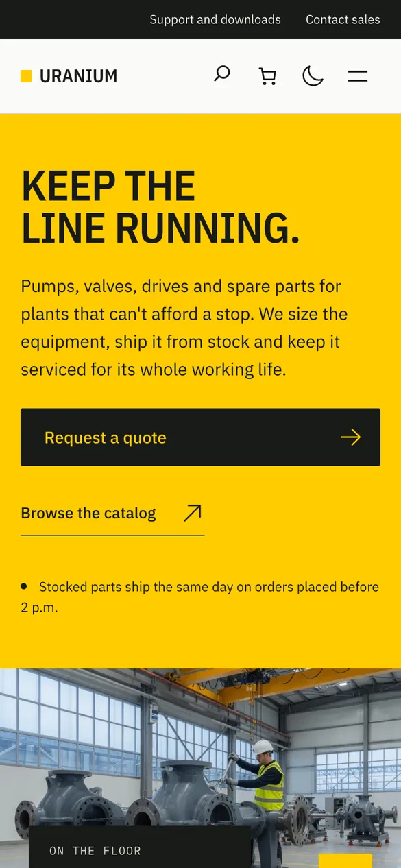Uranium's homepage on a phone, with search, cart, mode and menu buttons above the yellow hero and its quote button