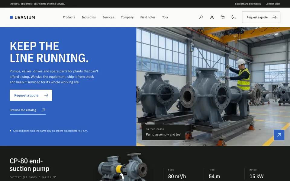 Uranium's homepage hero in the Cobalt palette, with a blue panel and white text
