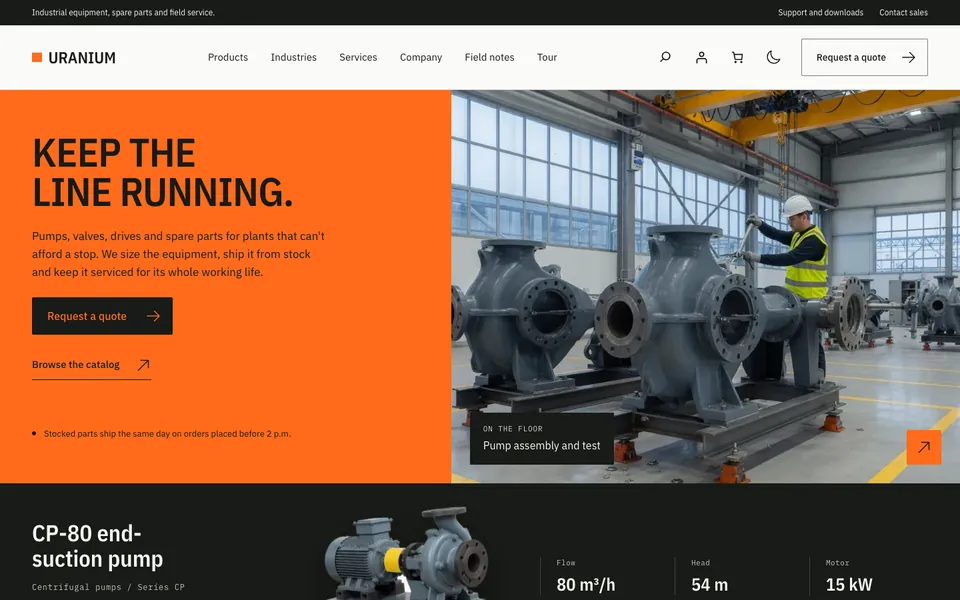 Uranium's homepage hero in the Hazard palette, with an orange panel