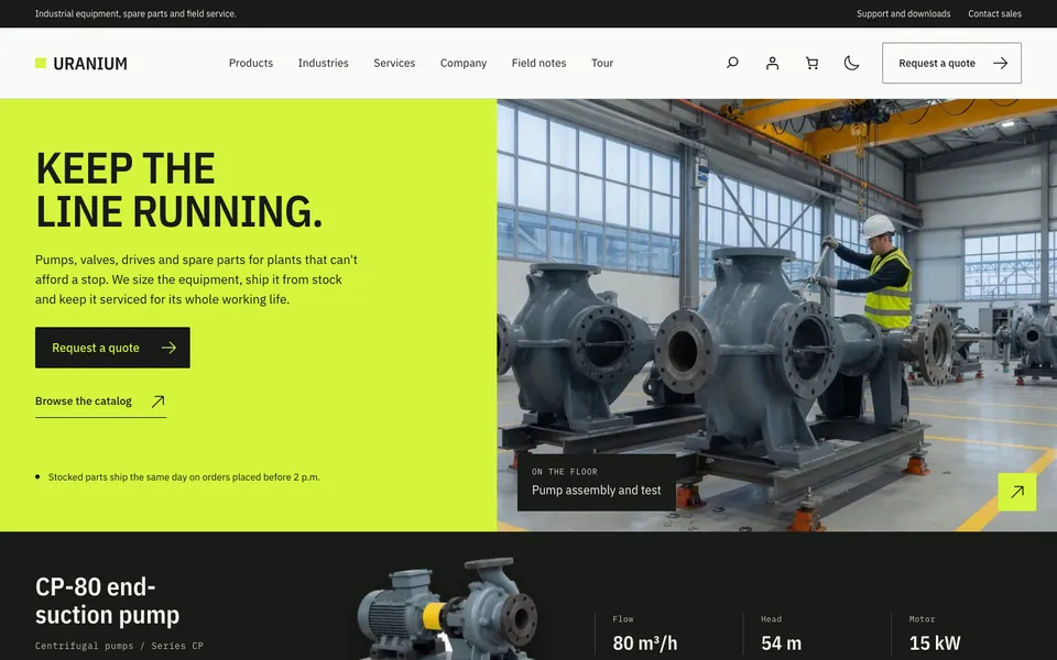 Uranium's homepage hero in the Hi-vis palette, with a lime panel