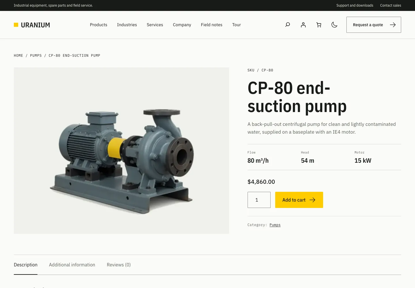 A WooCommerce product page in Uranium: a pump photo on a light plate beside its name, a spec rail with flow, head and motor power, the price and an add to cart button