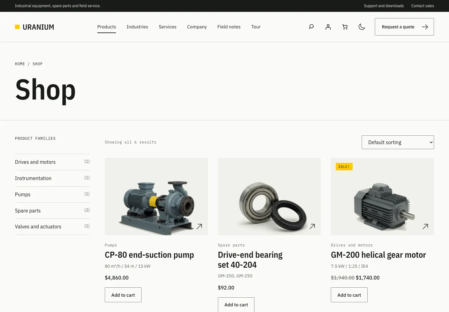 Uranium WooCommerce shop with a product families sidebar and three industrial products
