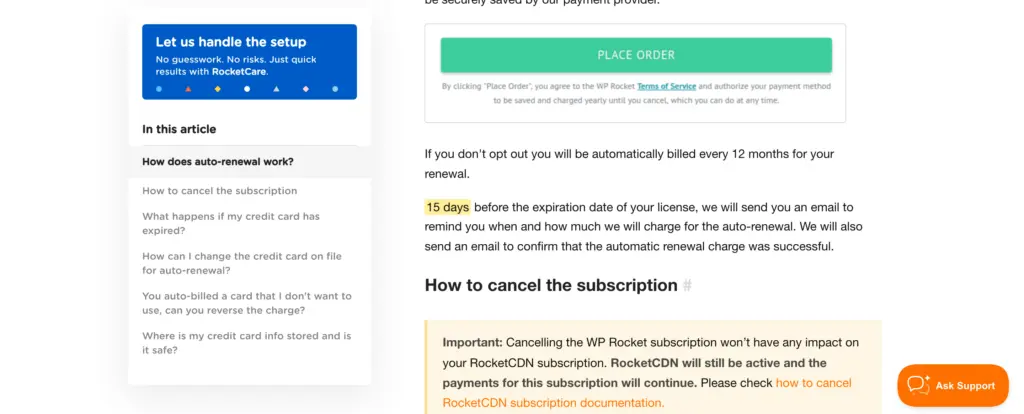 WP Rocket automatic renewal documentation stating that a reminder email goes out 15 days before the renewal with the date and amount