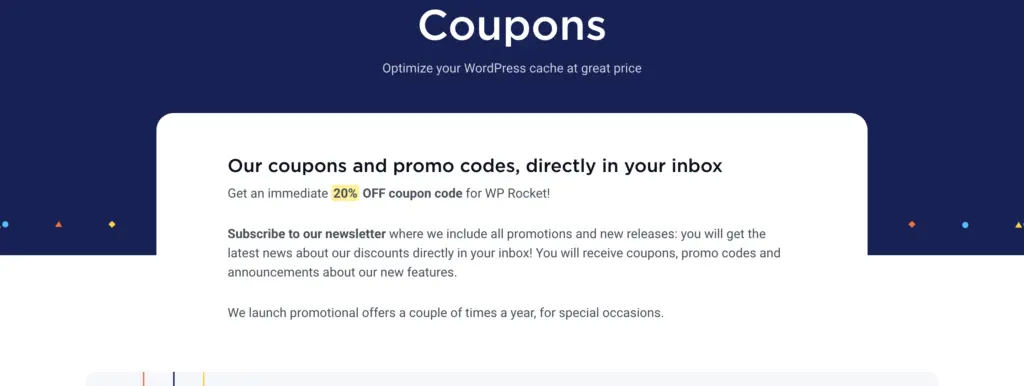 WP Rocket coupons page offering 20% off for newsletter subscribers