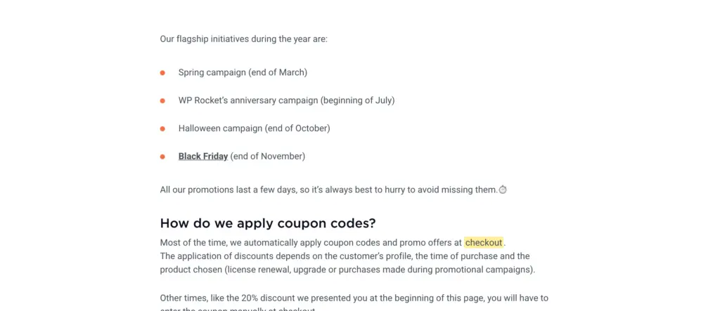WP Rocket coupons page explaining that discounts are applied at checkout depending on the customer profile, timing and type of order