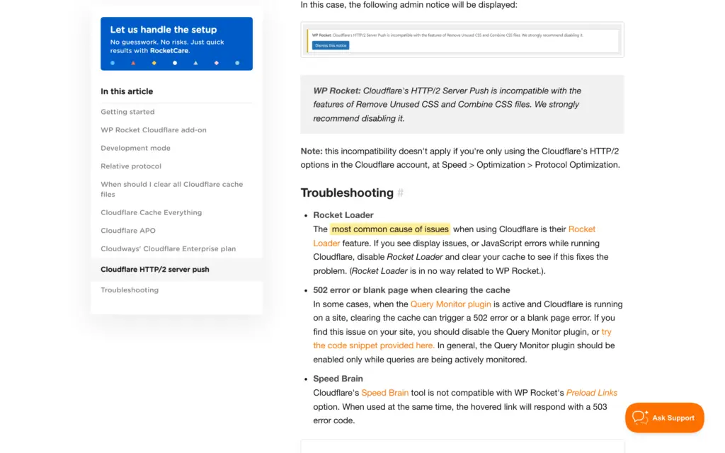WP Rocket documentation on using WP Rocket with Cloudflare, naming Rocket Loader as the most common cause of display issues
