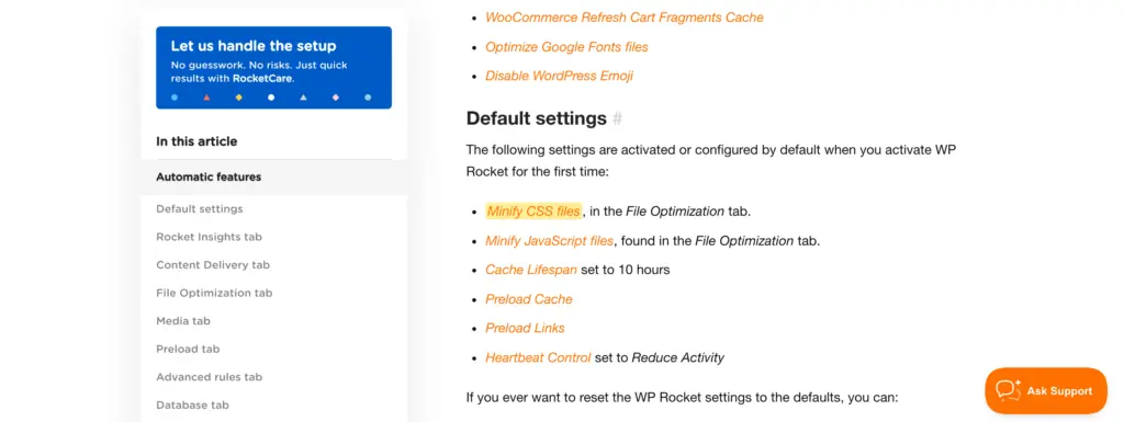WP Rocket documentation showing the settings enabled by default, including Minify CSS files and Minify JavaScript files
