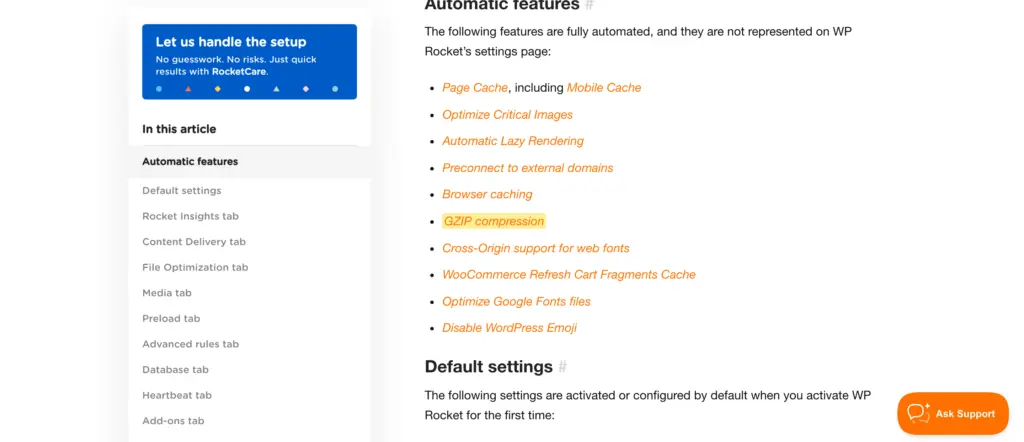 WP Rocket documentation listing the features that run automatically on activation, starting with page cache and mobile cache