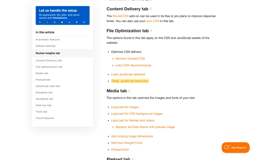 WP Rocket documentation listing the File Optimization tab options, including Remove Unused CSS, Load JavaScript deferred and Delay JavaScript execution