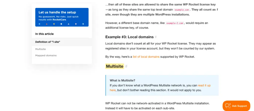 WP Rocket documentation on how websites are counted against a license, including subdomains and multisite