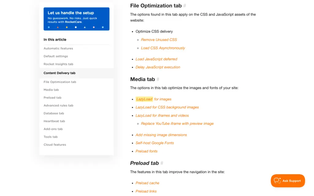 WP Rocket documentation listing the Media tab options: LazyLoad, YouTube preview image, missing image dimensions and font options