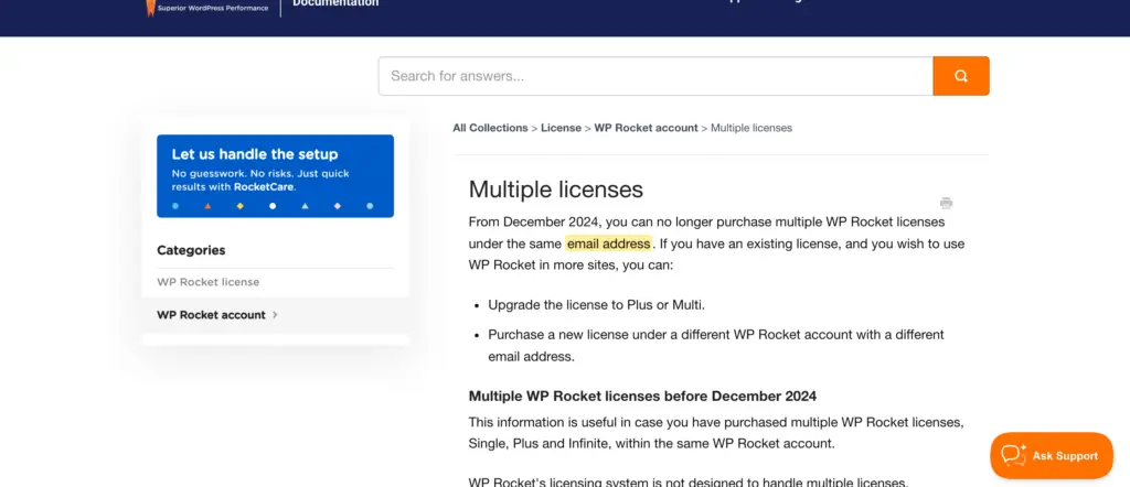 WP Rocket documentation on multiple licenses, one per email address