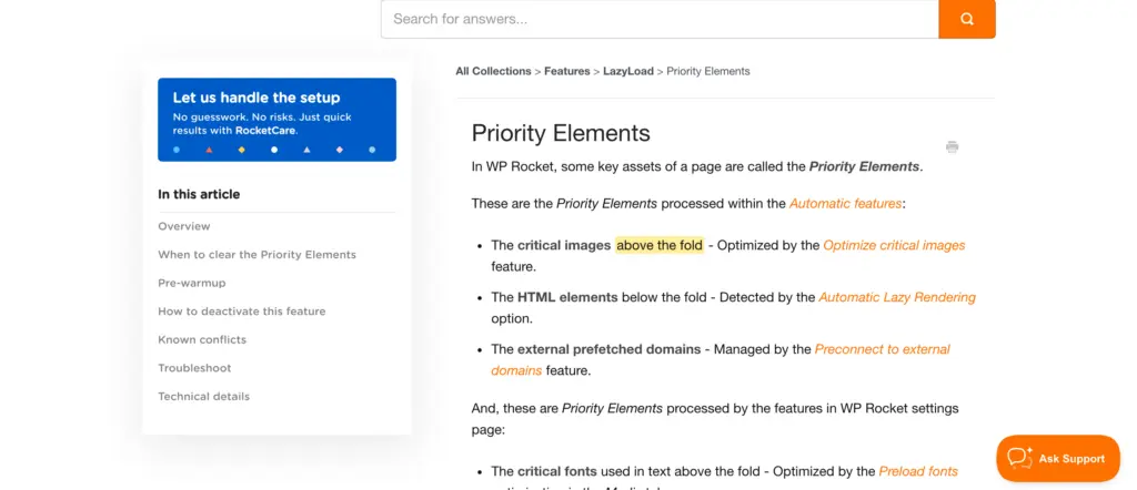 WP Rocket documentation explaining Priority Elements as the above-the-fold assets it optimizes first