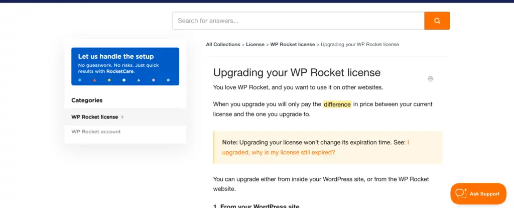 WP Rocket documentation on upgrading a license by paying the price difference between licenses