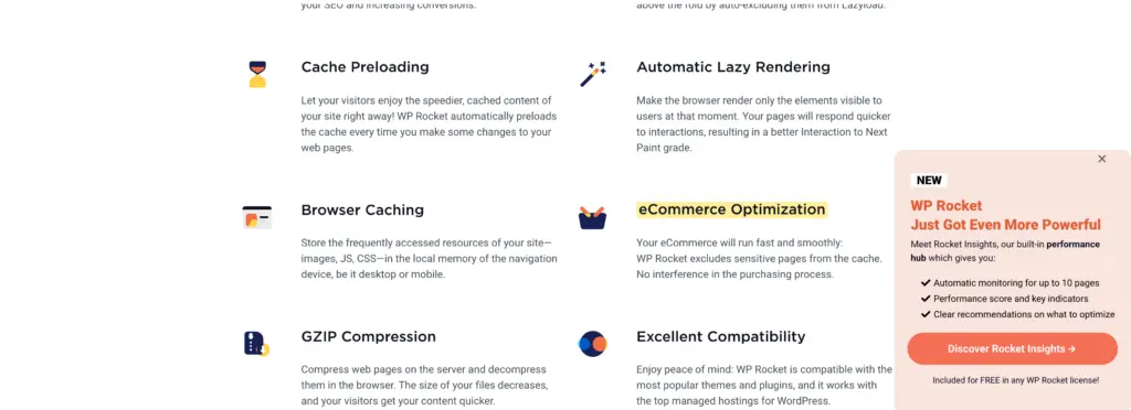 WP Rocket features page section on eCommerce optimization that keeps purchase pages out of the cache