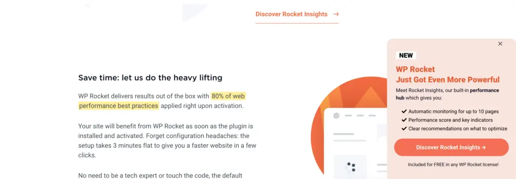 WP Rocket homepage stating that 80% of web performance best practices are applied on activation