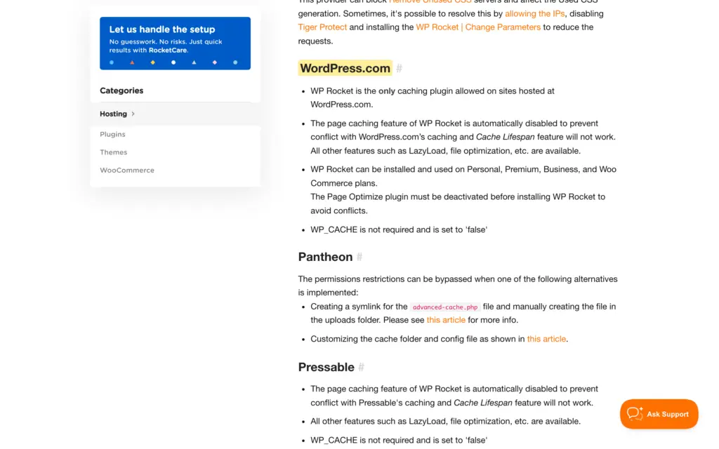 WP Rocket hosting compatibility documentation stating WP Rocket is the only caching plugin allowed on WordPress.com and that its page caching is disabled there