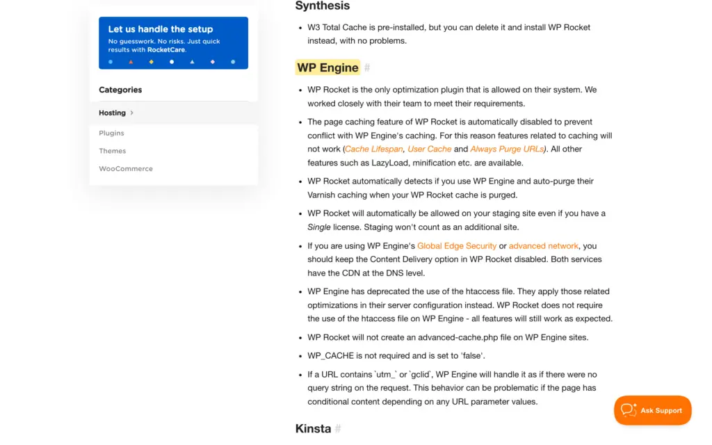 WP Rocket hosting compatibility documentation stating WP Rocket is the only optimization plugin allowed on WP Engine