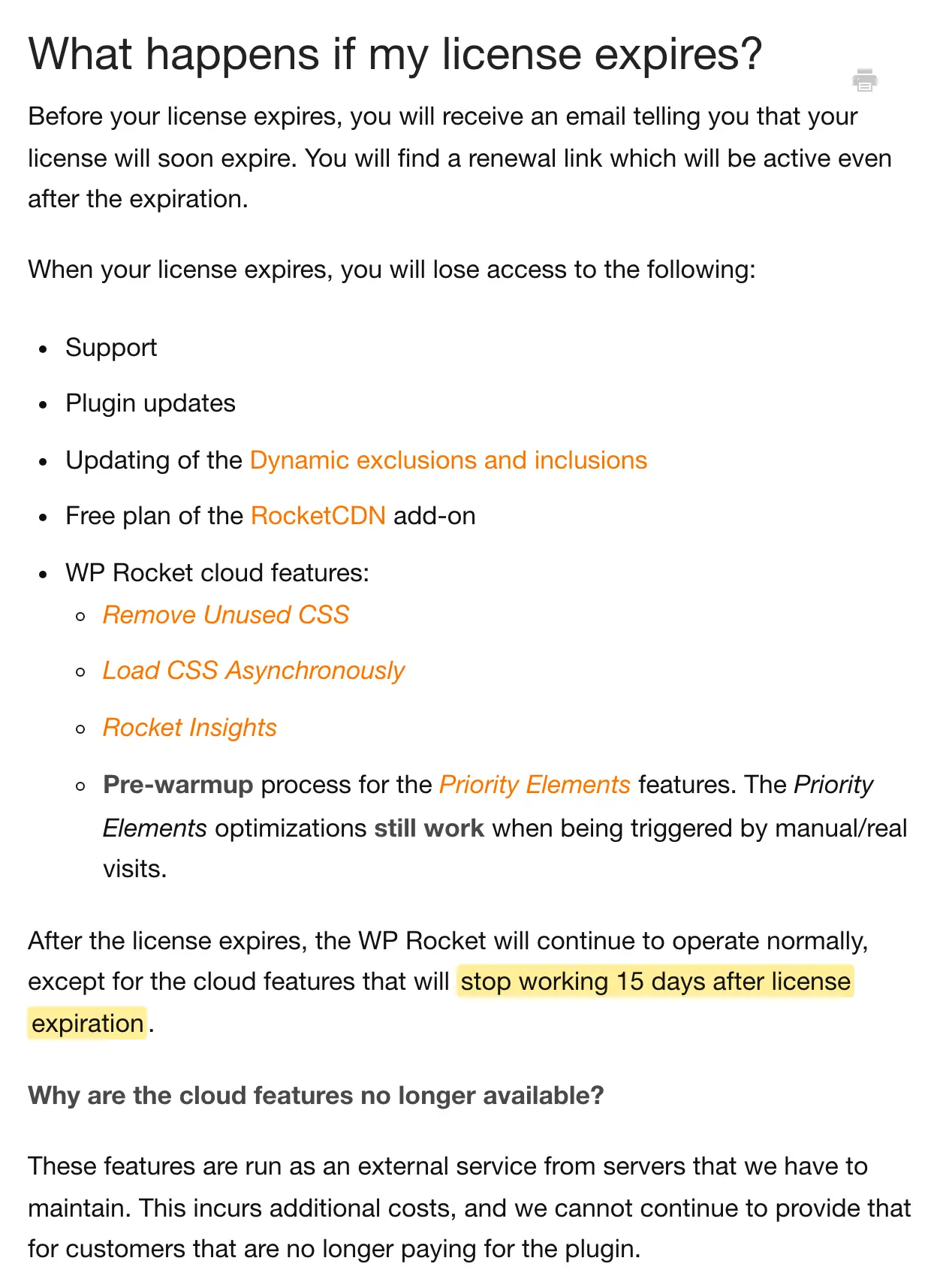WP Rocket documentation listing what a license loses when it expires, with the line about cloud features stopping 15 days after expiration highlighted