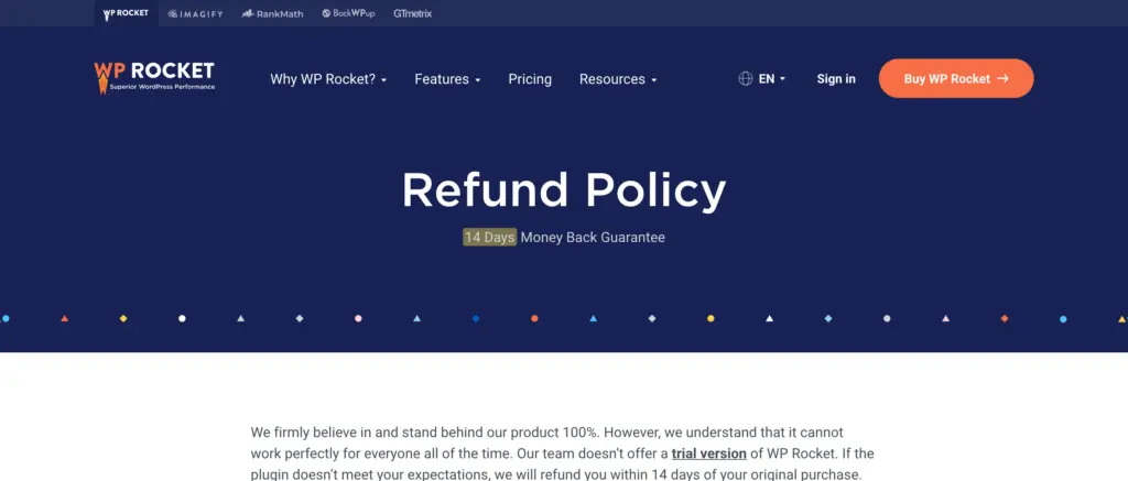 WP Rocket refund policy page stating a 14-day money-back guarantee and that no trial version is offered