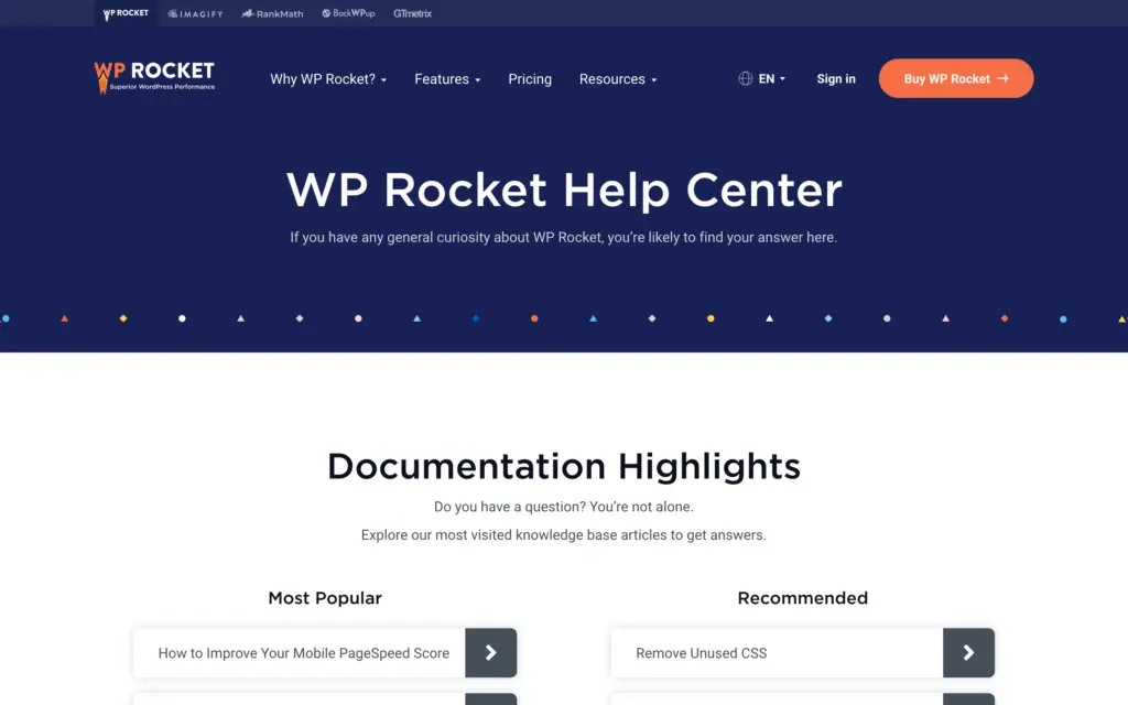 WP Rocket Help Center page with the documentation highlights shown above the support ticket form