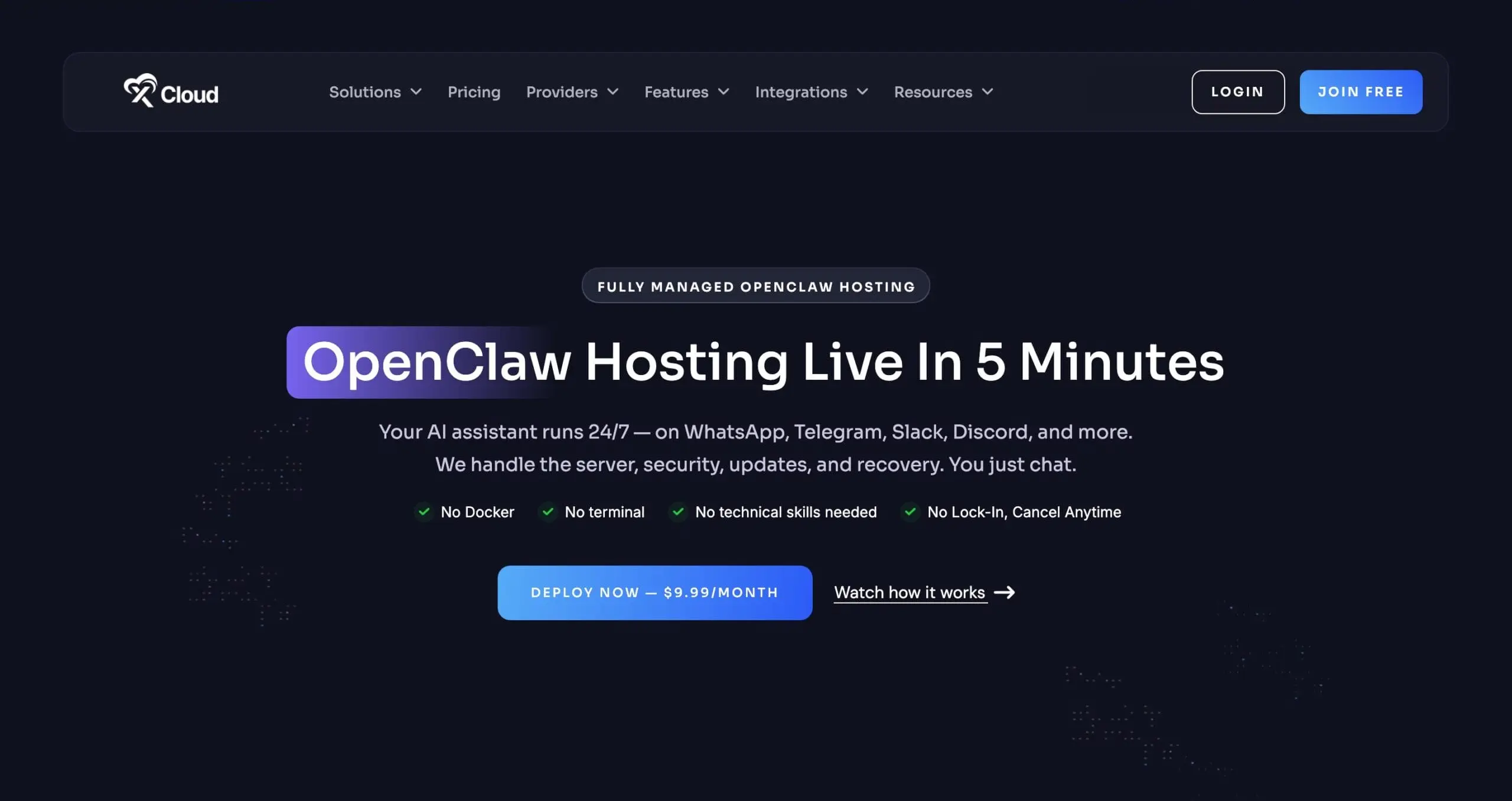 xCloud's fully managed OpenClaw hosting page with the $9.99 a month deploy button and the promise to handle the server, security, updates and recovery