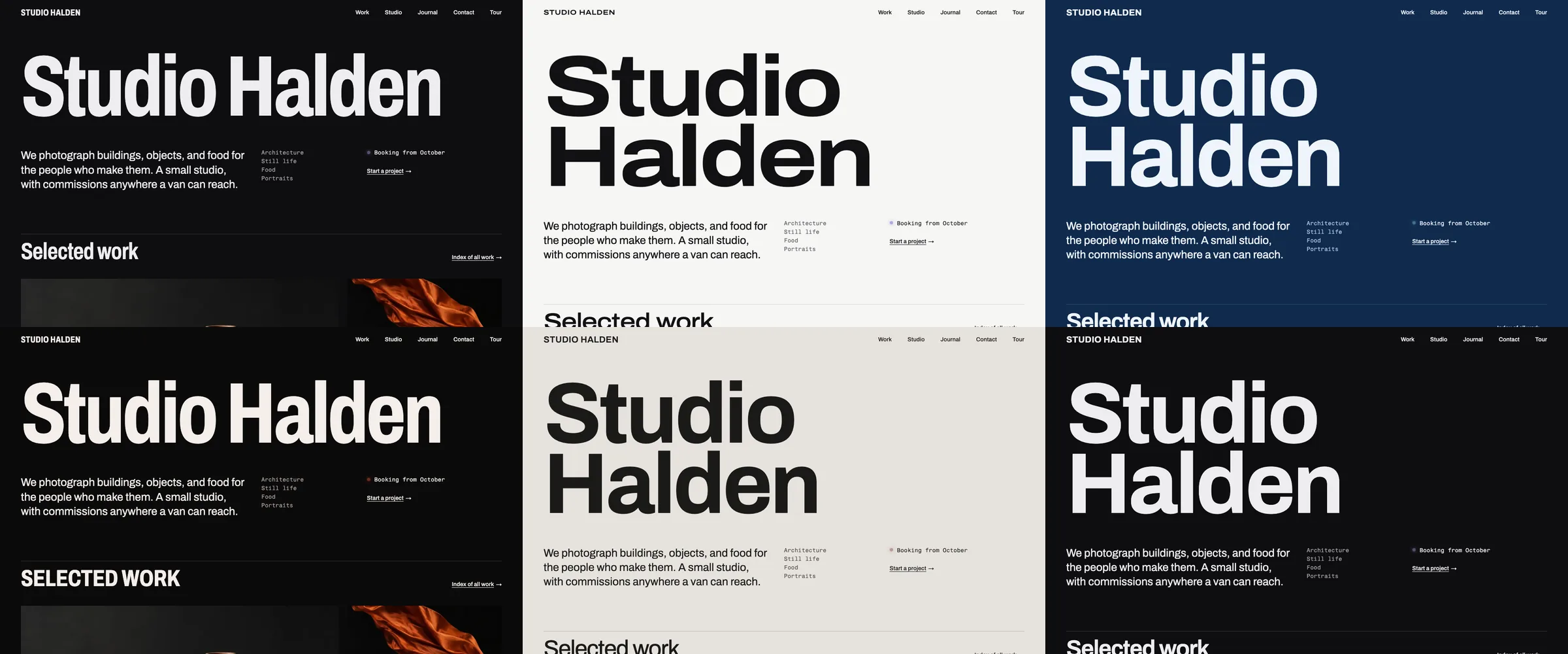 Darkroom: a near-black ground, light type and a lavender accent