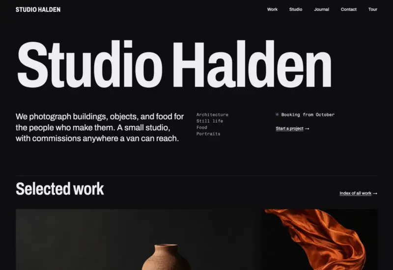 Xenon's Darkroom homepage with the studio name set large, a short statement and the first projects in a mosaic