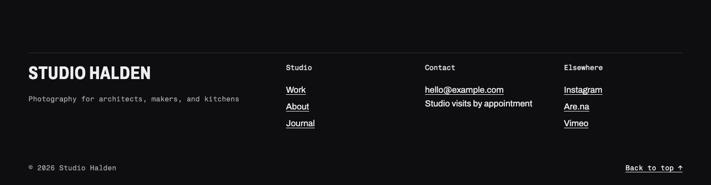 Footer with columns pattern in Xenon's Darkroom design