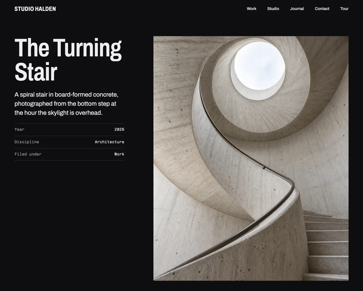 A project on Xenon's sticky details template: title, lead and facts beside a tall photograph of a spiral stair