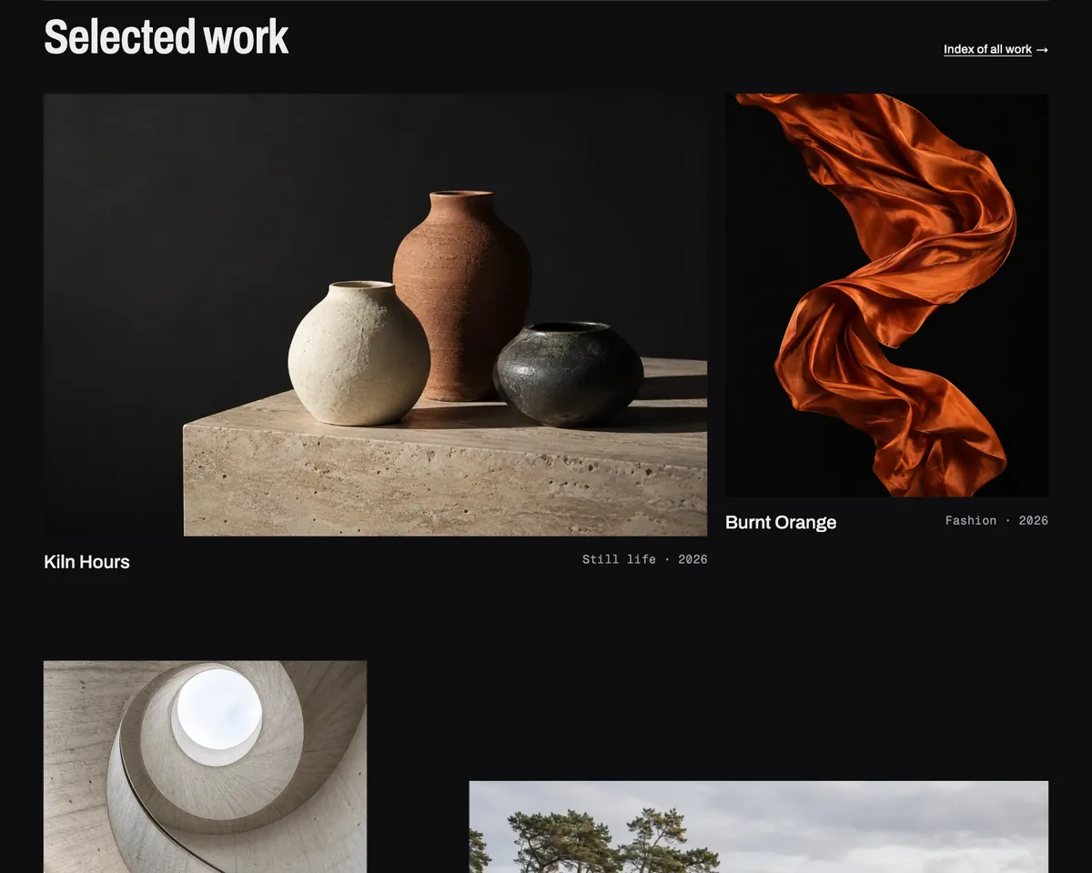 Xenon's Selected work mosaic, with large and small project pictures captioned by discipline and year